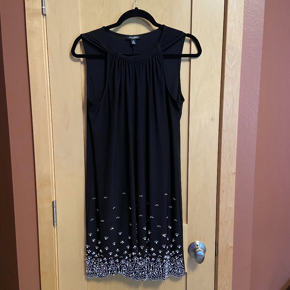 Roz & Ali Black Dress with Silver & Pearl Accent Beading: Size Medium